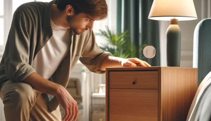 homem escolhendo criado mudo de madeira